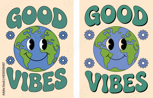 Happy smiling Earth character with blue flowers and good vibes message in a groovy retro style illustration