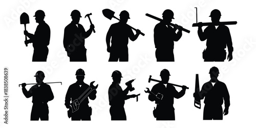 Collection of construction worker silhouettes with tools