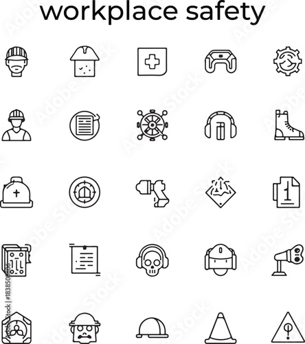 Work Safety icon set representing key elements like PPE, risk assessment, emergency response, hazard control, and workplace safety policies. Ideal
