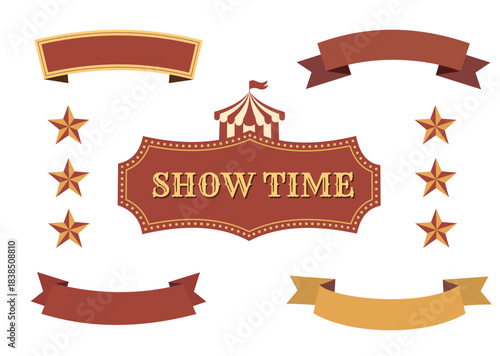 Vintage circus “Show Time” label with banners and stars. Ideal for posters, event designs, party invitations, and retro graphics. Vector illustration