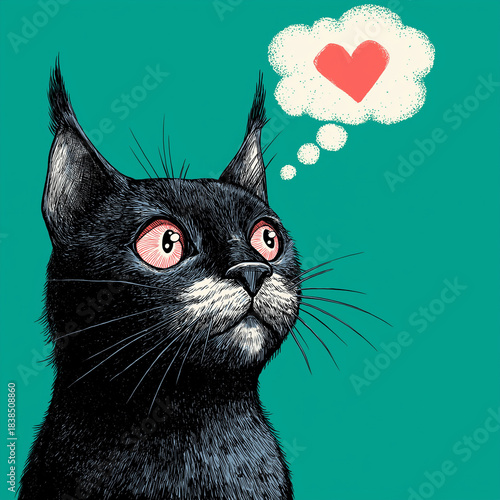 Black Cat Thinking about Love / Red Heart in a Thought Bubble 