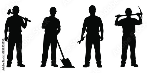 Construction workers silhouettes with tools on white background