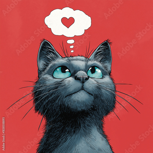 Black Cat Thinking about Love / Red Heart in a Thought Bubble 