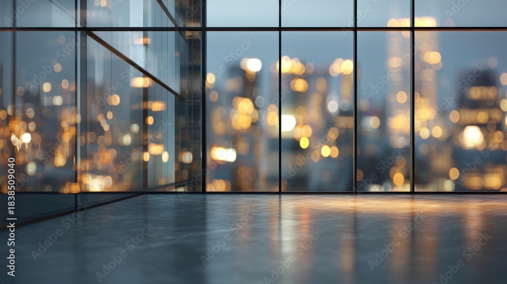 Fototapeta premium The scene shows an empty room with floor to ceiling glass windows. Outside city lights sparkle in the evening. The sky is turning dark with a few lights in the distance.