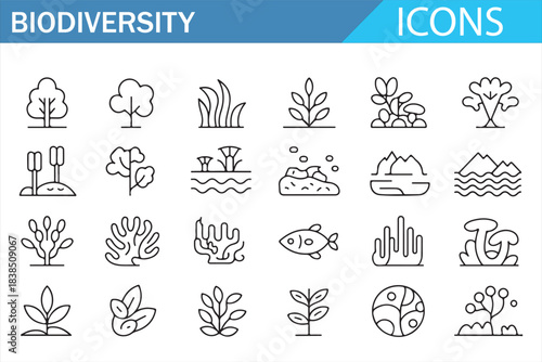 Nature protection and biodiversity outline icons for ecology