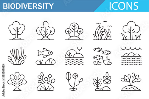 Biodiversity and ecosystem line icon set with plants and animals