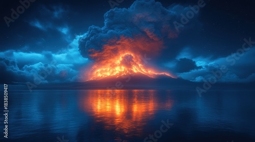 A dramatic image of a volcano erupting with fiery lava, set against a tranquil sea and a stunning starry night sky. Evokes power and beauty.