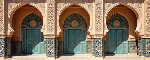 Ornate Moroccan architecture shows intricate details. Arches decorated with carving. Teal doors. Architectural elements reflect traditional design. Decorative tiles with patterns. Exterior view shows