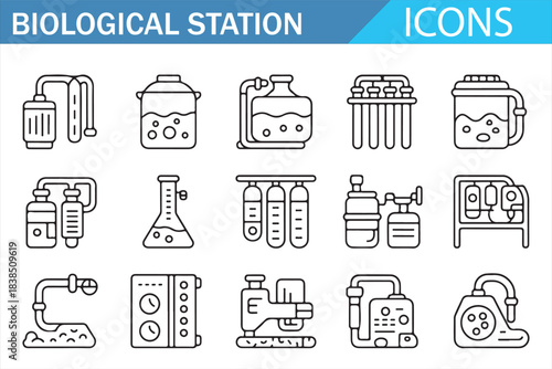 Biotech lab equipment and science symbols line icon collection