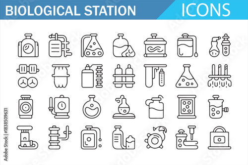 Scientific research station vector line icon set isolated on white