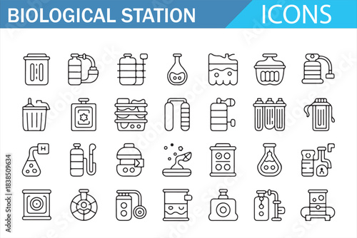 Laboratory instruments and biotech research outline icons