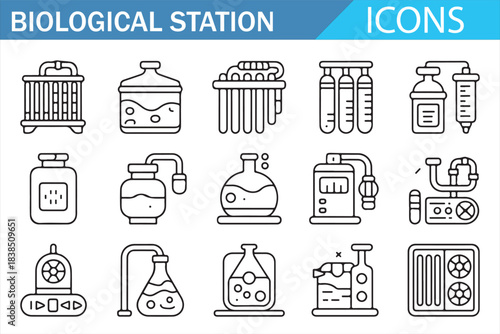 Biology station and science equipment thin line icon pack