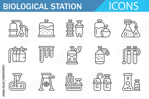 Scientific laboratory and biotechnology outline icons collection