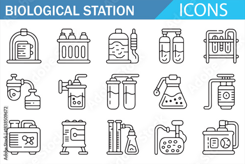 Biological station and laboratory equipment line icon set