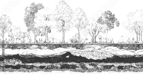 Black and white textured background resembling soil layers and grass roots grunge 
