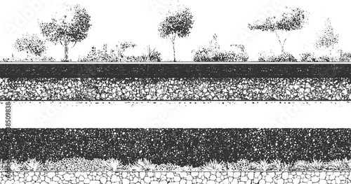 Black and white textured background resembling soil layers and grass roots grunge 
