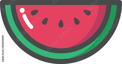 A close-up vector illustration of a refreshing slice of watermelon, showcasing its vibrant pink flesh and dark seeds against a white background