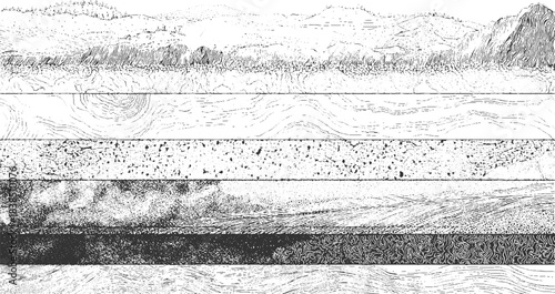 Abstract monochrome topographic map lines and textures vector Black and white abstract pattern of layered geological strata and rock textures background 
