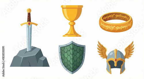 Fantasy medieval icons including sword in stone, chalice, ring, shield, and helmet