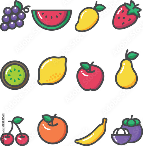Assortment of Fresh Fruit Icons and Illustrations - A Vibrant Collection for Design Projects