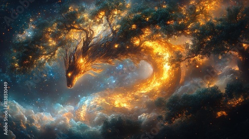 A majestic dragon, engulfed in a vibrant cosmic nebula, seamlessly blending its form with swirling stars and gaseous clouds. A scene of fantasy and otherworldly power.