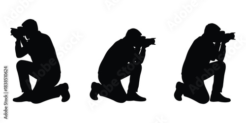Photographer Silhouettes Kneeling With Cameras crouching