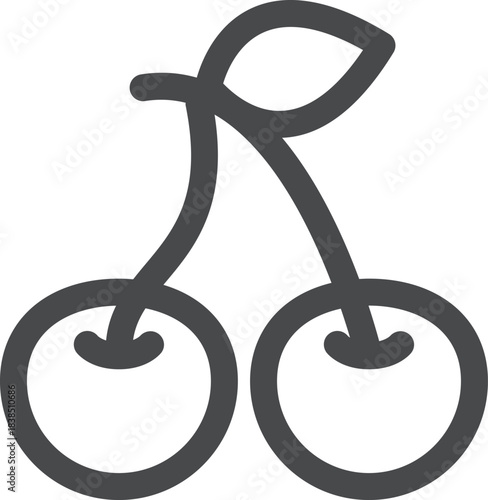 Minimalist outline illustration of two ripe cherries with a stem and a leaf, perfect for web design elements or simple graphic representations