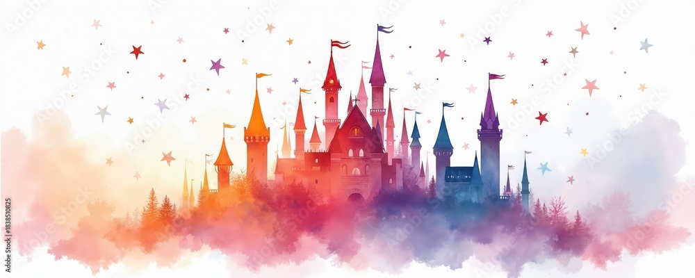 Obraz premium Watercolor painting shows magical castles with tall towers, flags. Vibrant colorful clouds spread below. Bright stars twinkle in clear white sky. Fantastic dream landscape. Fairy tale kingdom