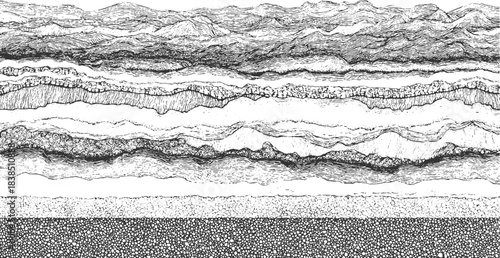 Black and white abstract pattern of layered geological strata and textured rock formations background. Black and white cross section of geological strata with wavy lines and granular textures geology 