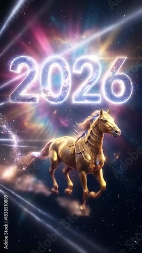 2026 glowing numerals golden horse galloping through cosmic light colorful nebula magical energy