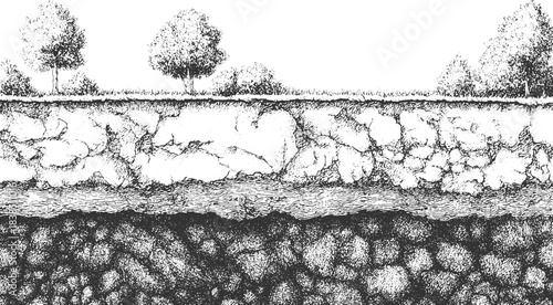Black and white abstract textured background with horizontal layers and cracked patterns vector. cross section illustration of soil layers with grass and water vector.
