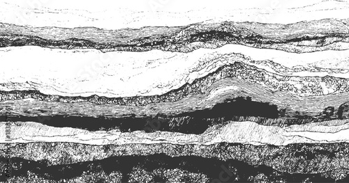 Black and white abstract wavy lines and textured horizontal bands background 