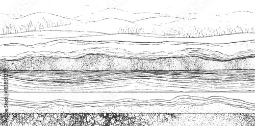 Black and white abstract pattern of layered geological strata and rock textures background. Black and white abstract wavy lines and textured horizontal bands background 