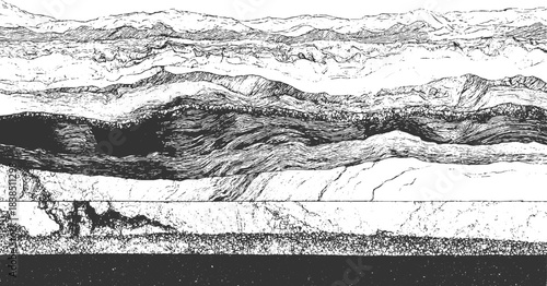 Black and white abstract pattern of layered geological strata and rock textures background. Black and white abstract wavy lines and textured horizontal bands background 