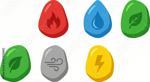 Collection of vibrant elemental icons symbolizing natural forces and renewable energy concepts in a modern graphic style