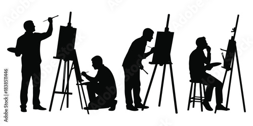 Silhouettes of artists painting and creating art easel