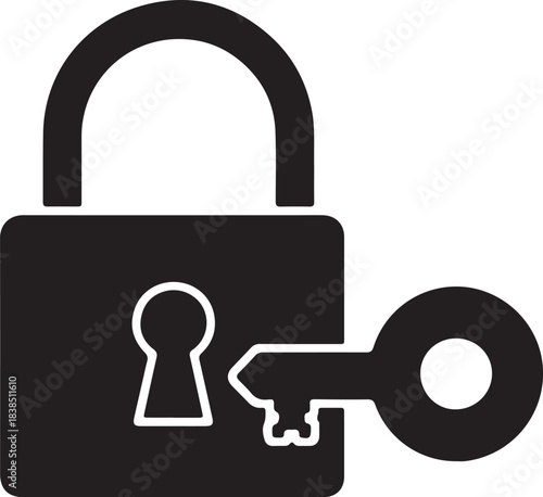 Bold black silhouette icon of an open padlock with a key on a white background