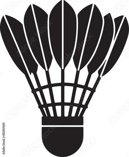 Bold black silhouette icon of a badminton shuttlecock on a clean white background for sports and games