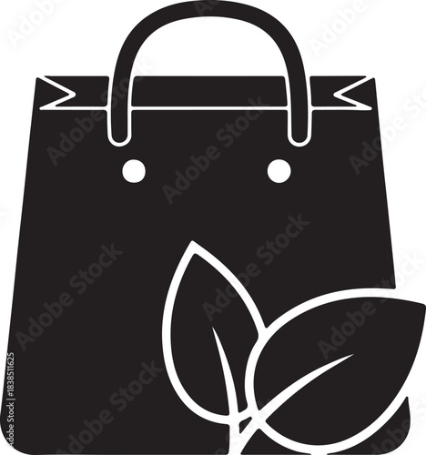Minimalist black silhouette shopping bag with green leaves icon for retail and eco friendly themes