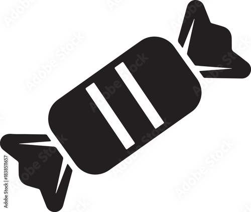 Minimalist black and white wrapped candy icon on a clean white background