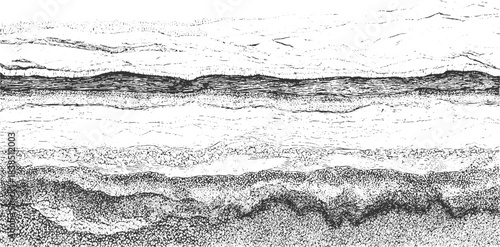 Black and white line drawing of layered geological strata and pebble texture abstract background. Black and white cross section of geological strata with varied textures and lines abstract background 