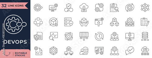 DevOps vector line icons for software development and IT infrastructure. Features Automation, Cloud Computing, and Agile methodology graphics.
