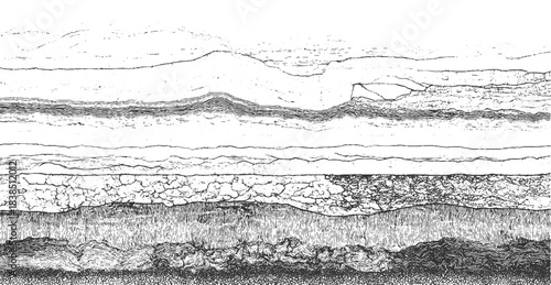 Black and white line drawing of layered geological strata and pebble texture abstract background. Black and white cross section of geological strata with varied textures and lines abstract background 