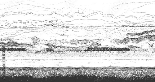 Abstract black and white line art depicting layered geological strata and rock formations vector 