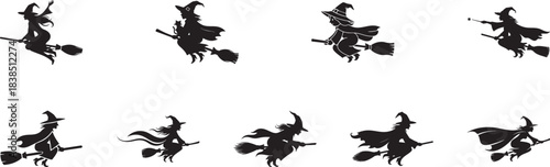Silhouettes of witches flying on broomsticks with bats for halloween themes