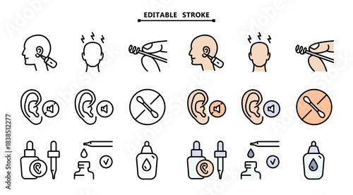 Personal hygiene routine and care. Editable stroke. Essential icons representing various ear treatments and care, including cleaning, medication, and medical interventions.