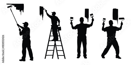 Silhouettes of painters with tools and paint painting