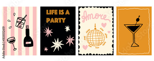  Elegant whimsical cocktail illustration poster with glass and disco ball globe. Abstract retro vintage poster design featuring refreshing drinks, perfect for summer bar menus and beverage concepts.