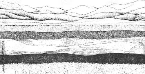 Detailed black and white illustration of folded geological strata and rock formations geology