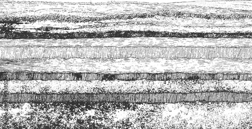 Detailed black and white illustration of folded geological strata and rock formations geology